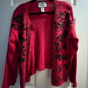 Tiara Bright Red Open-Front Cardigan with Black Floral Embroidery